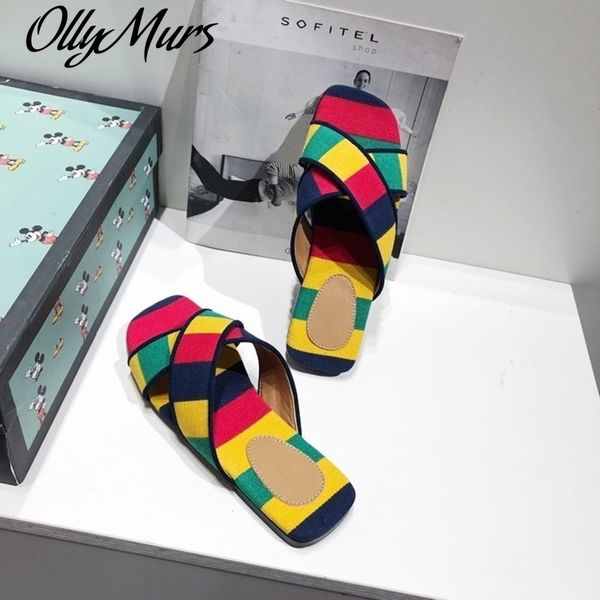 

ollymurs mixed colour flat slippers women summer fashion square toe genuine leather ladies sandals luxury designer womans shoes, Black