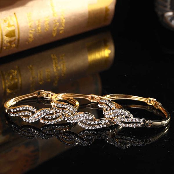 

3 pcs gold color full rhinestone crystal bracelet bangle for women arabic ethnic wedding party jewelry morocco bridal gift q0719, Black