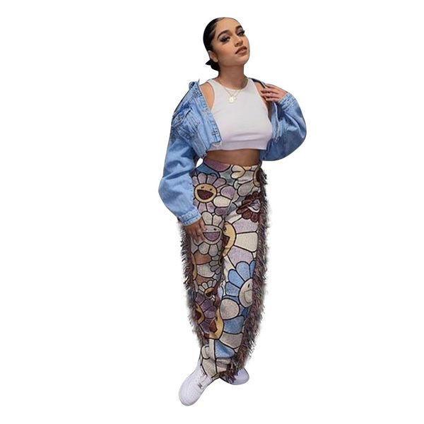 

woman colorful pattern pants fashion trend tassel casual straight fleece sweatpants designer spring street style slim trousers for ladies, Black;white