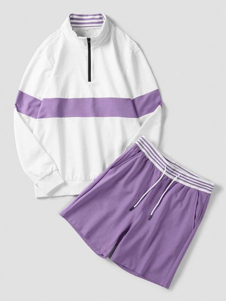 

men contrast panel pullover & striped trim drawstring waist shorts u9ku#, Gray