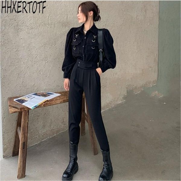 

spring autumn two piece outfits retro single-breasted double pocket lantern sleeve cardigan jacket + pants sets women's, White