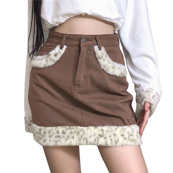 

skirts summer women's street mini denim skirt 2021 casual club high waist solid color with leopard faux fur, Black