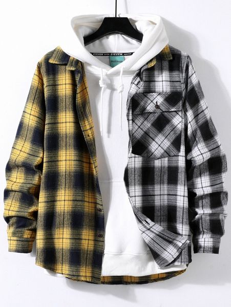 

men plaid colorblock flap pocket shirt without hoodie q8jn#, White;black