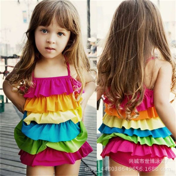 

children's suit cartoon women's lotus leaf one piece girl's children's rainbow swimsuit rainbow baby, Black