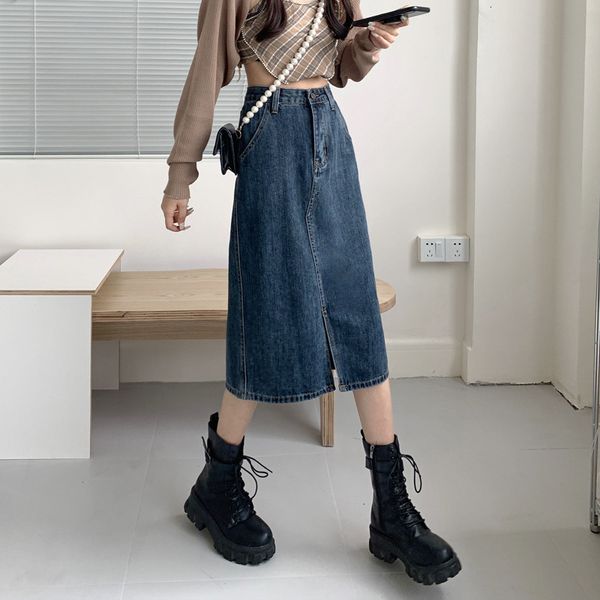 

skirts denim women's medium length high waist a-word 2021 slim skirt, Black
