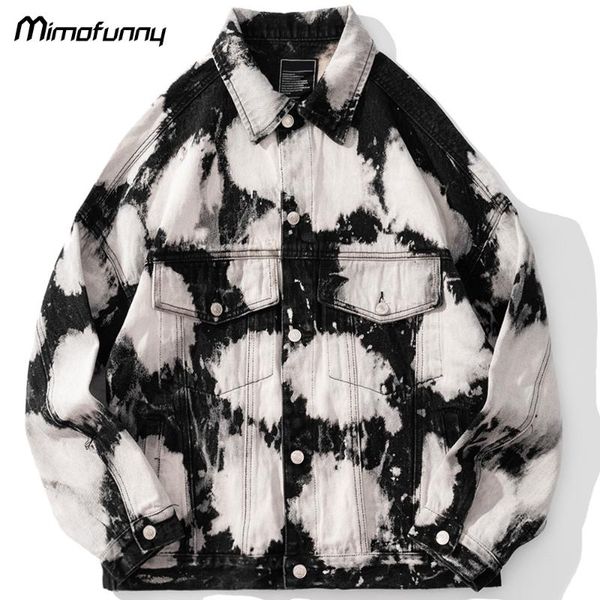 

men's jackets denim jacket men color block washed cowboy coat autumn loose turn-down tie dye hipster high street style outwear male str, Black;brown