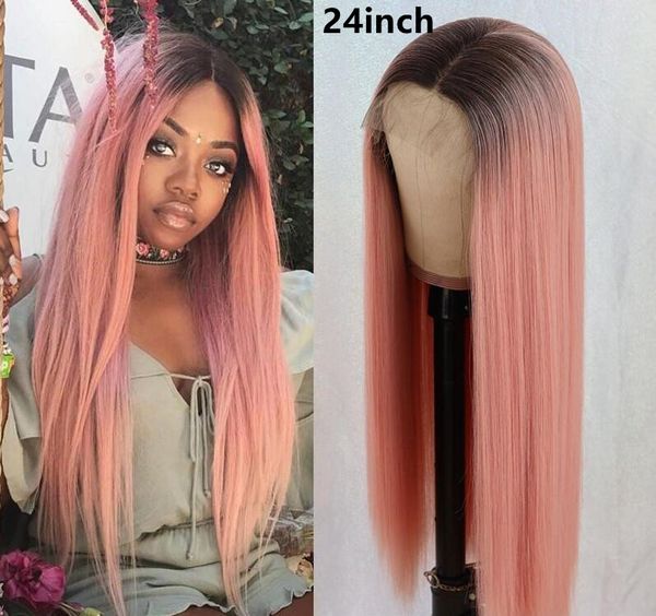 Calor Resistente Meio Parte Ombre Cor-de-rosa Cor Peruca Cabelo Longo Longo Silkeless Lace Reta Renda Raízes Escuras Raízes Perucas Sintéticas Para Mulheres Negras 24inch