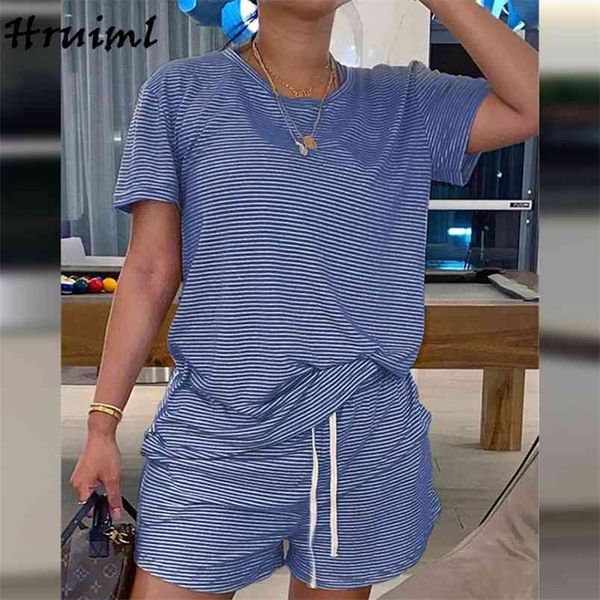 

women's suit short tshirt&short pants elastic waist casual striped tracksuit women summer sport fitness knit two peiece sets 210513, White