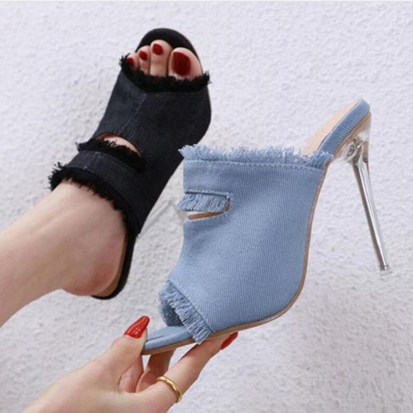 

slippers summer european and american denim crystal with fashion high heel big size ladies sandals, Black