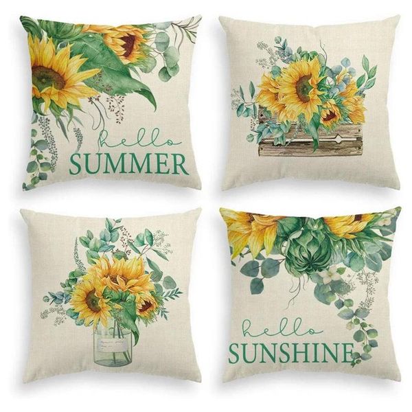 

pillow case watercolor sunflower throw cover, eucalyptus leaves summer holiday party cushion for sofa couch decor