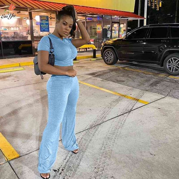 

women's tracksuits enyu xl-xxl casual 2020 summer lady solid 2-piece long set short sleeve v-neck pleated tees flare pants s, Gray