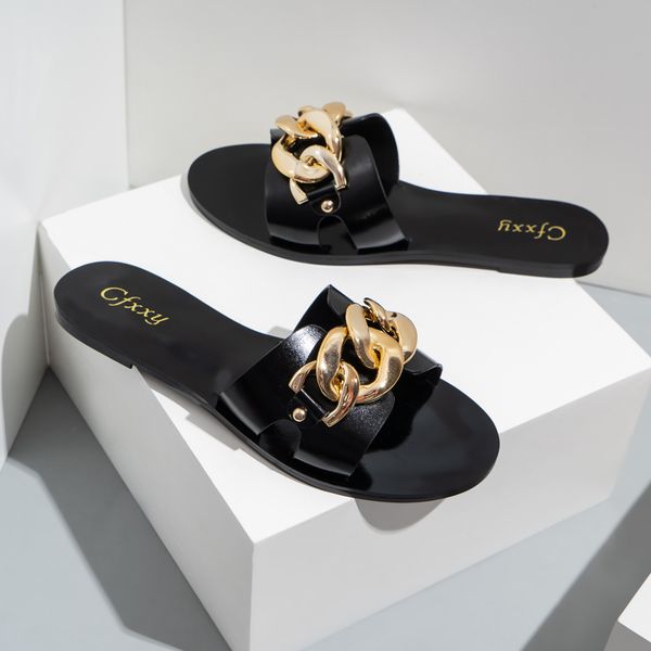 

sandals ladies slippers will see slides black fashion chain metal decorated flat toe round for women of the female beach shoes sandals vlit