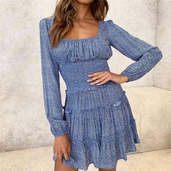 

vestidos vintage print autumn beach elegant ruffled print wooden ear u-neck long sleeve dress women boho dress festa 210508, Black;gray