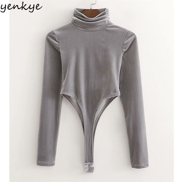 

vintage gray velvet bodysuit women high neck long sleeve body femme 210514, Black;white
