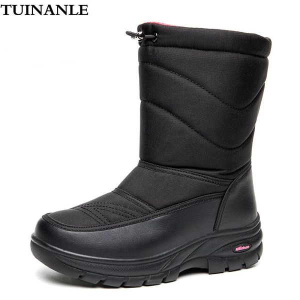 

boots tuinanle leather womens snow for winter high boot with fur warm puffy waterproof platform shoes botas de mujer, Black