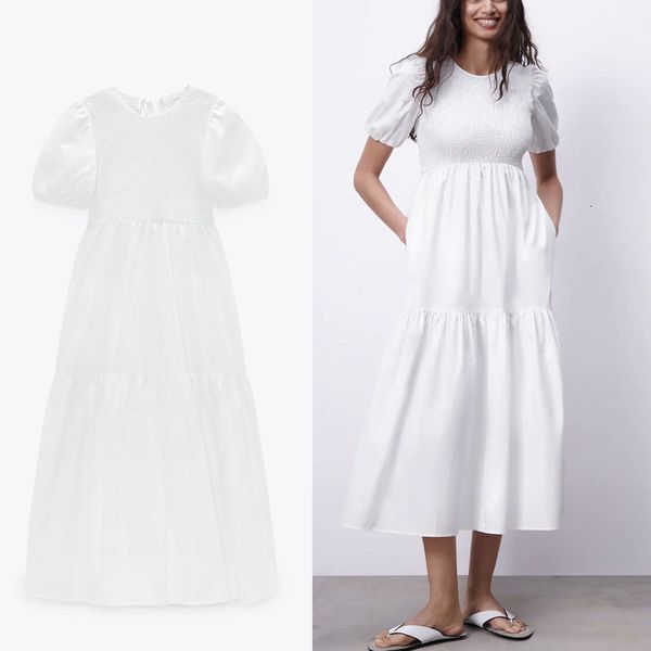 

dresses pleated midi white women short sleeve o neck smocked elastic party es woman fashion back opening, Black;gray