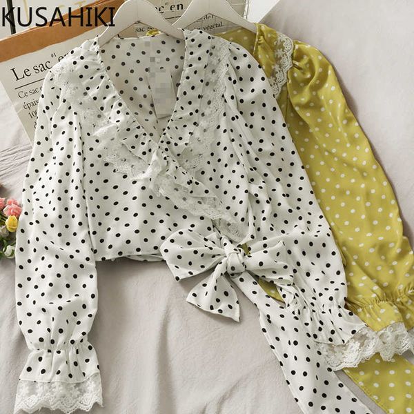 

blouses women lace patchwork ruffle v-neck causal flare sleeve shirt bow bandage dot blusas femme 6f953 210603, White