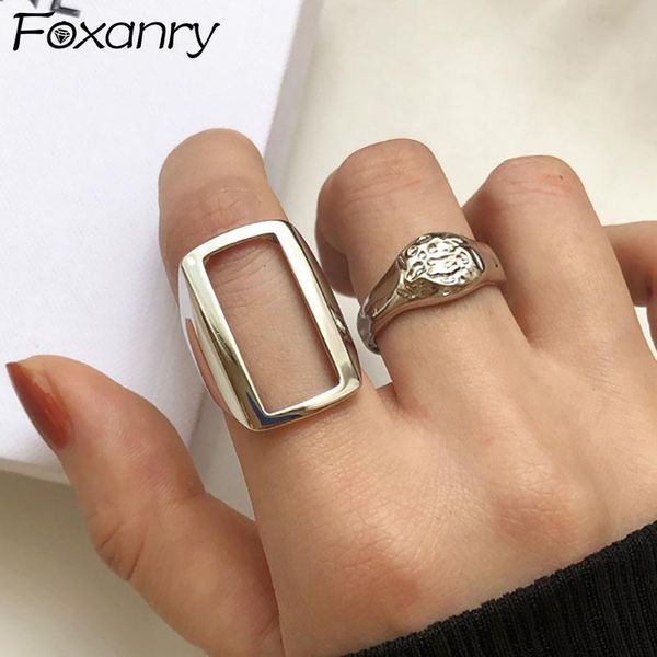 

foxanry minimalist 925 sterling silver rings fashion simple hollow geometric vintage thai party jewelry gifts for women cluster, Golden;silver