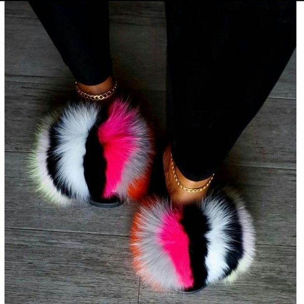 

women real fur slippers raccoon slides cute plush sandals female casual furry shoes wholesale fluffy, Black