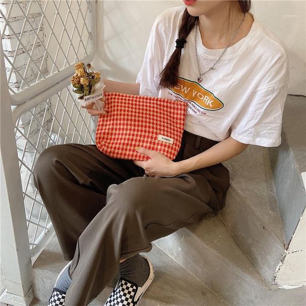 

jacquard plaid cosmetic bags vintage canvas large capacity makeup pouch bag for women travel organizer 2021 korean & cases1