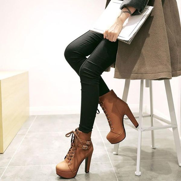 

boots plus size 43 women autumn winter solid 12cm high heels party club womans ankle booties platform cross-tied fashion shoes, Black