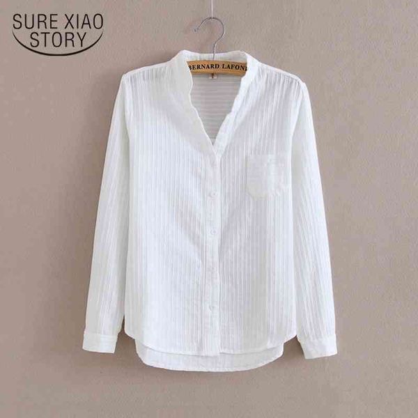 

100% cotton shirt women blouse autumn long sleeve solid white shirts slim female casual ladies 1715 50 210417
