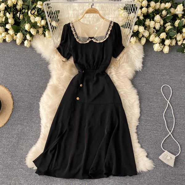 

neploe vintage lace gauze puff short sleeve woman dress peter pan collar slim waist vestidos new knee-length hepburn style robe c0607, Black;gray