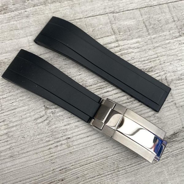 20 mm weiches schwarzes Gummi-Silikon-Uhrenarmband ROL 111261 SUB/GMT/YM Zubehörarmband mit silberner Schließe