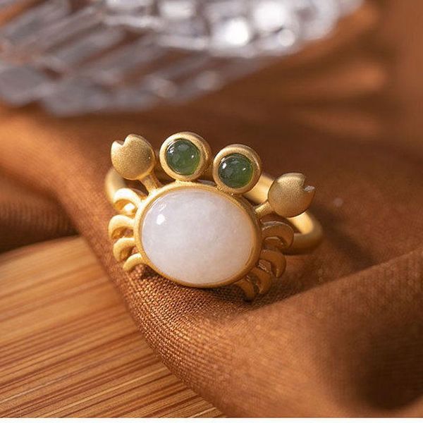 

cluster rings silver inlaid natural hetian jade crab opening adjustable ring chinese retro fresh romantic stay cute women's brand jewel, Golden;silver