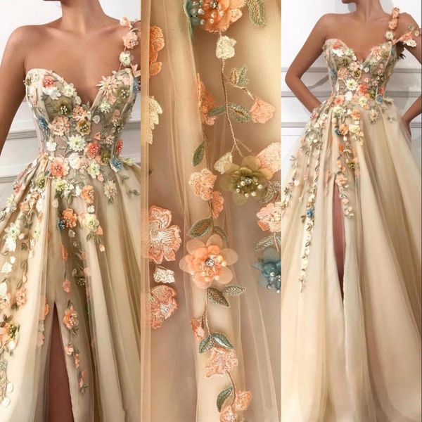 Arabische Champagner Sexy One-Shoulder-Abendkleider mit 3D-Blumenblumen tragen Spitzenapplikationen Perlen Split Tüll Party-Abschlussballkleider für besondere Anlässe