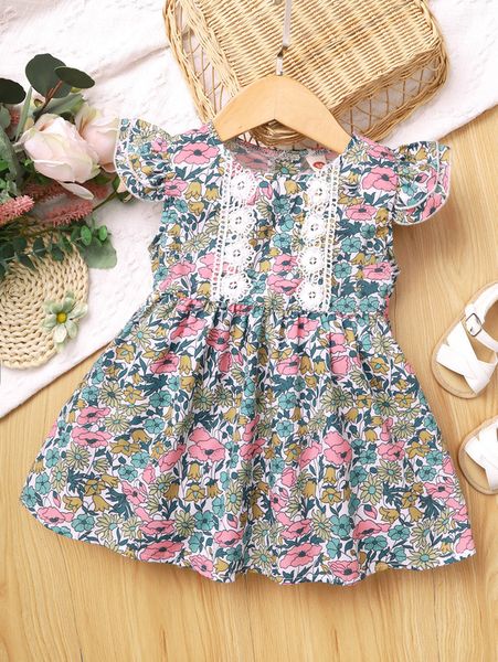 

baby allover floral print contrast lace layered sleeve dress she, Red;yellow