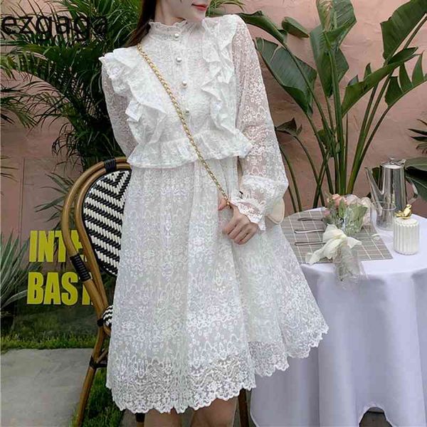 

ezgaga elegant dress tender women ruffles long sleeve spring korean fashion lace loose temperament dresses sweet vestidos 210430, Black;gray