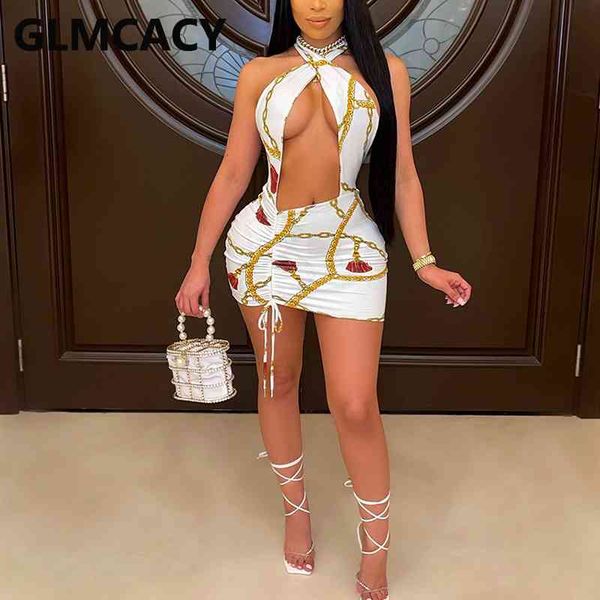 

women halter chain printed low cut out backless mini dress 210702, Black;gray