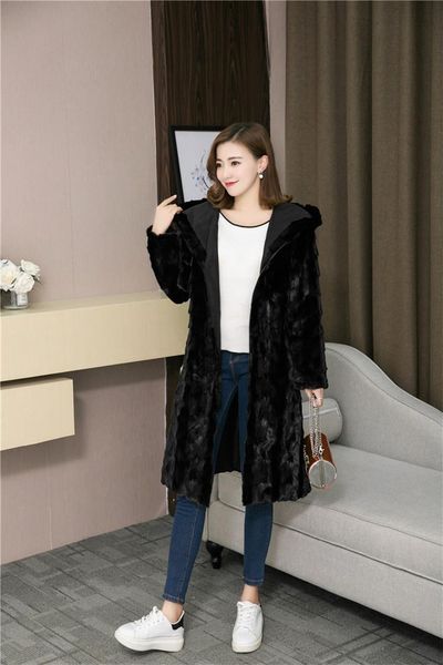 

women's fur & faux genuine real natural mink coat with hood long fashion warm winter waistcoats jacket custom any size, Black