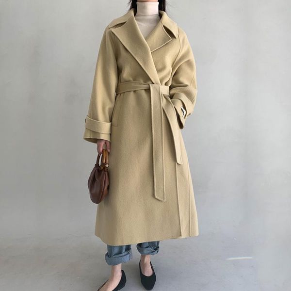 

women's wool & blends [ewq] 2021 autumn winter female over knee style turn-down collar waist pocket long double face woolen overcoat wi, Black