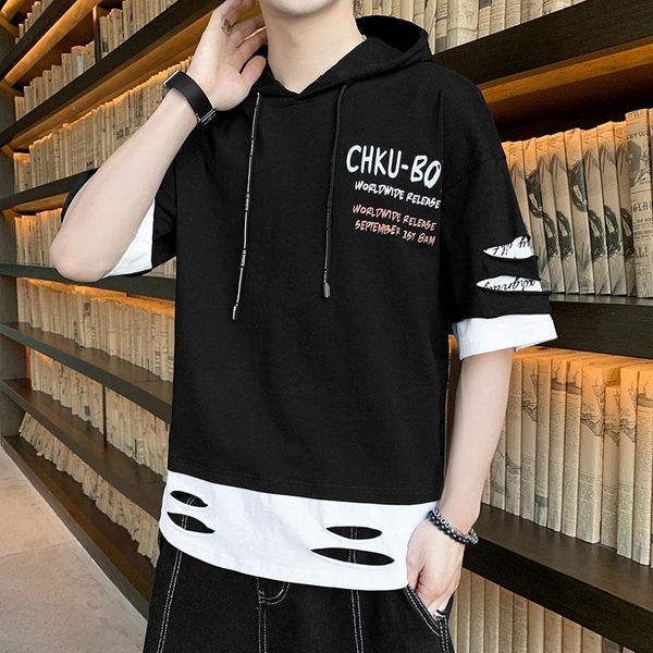

men hip hop t shirt fashion destroyed hole t-shirt hiphop streetwear summer short sleeve hooded tees cotton tshirt men's t-shirts, White;black