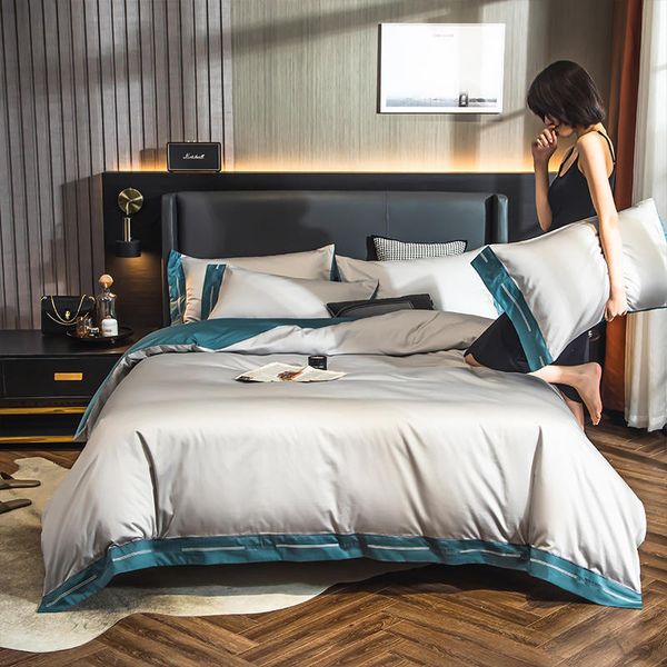 

european four piece set pure 140 thread count long staple cotton simple light luxury style bed quilt cover fitted sheet