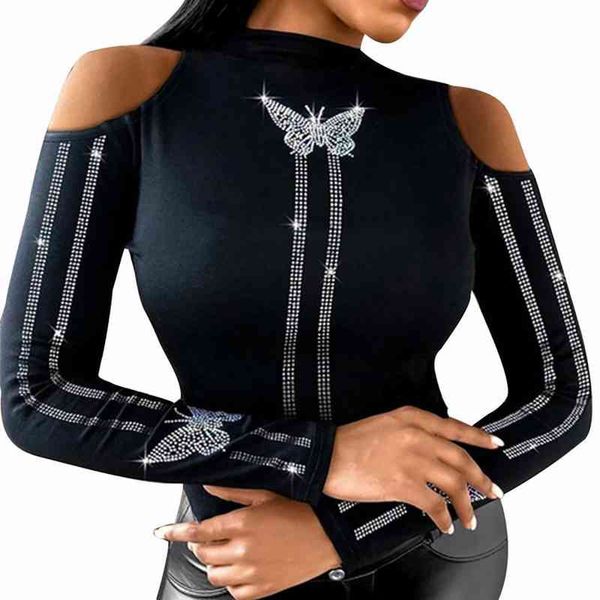 

woman blouse cold shoulder long sleeve cotton blend women studded butterfly shirt for spring autumn woman clothes, White