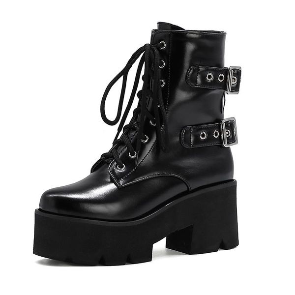 

boots women cross tied hasp designer 7cm high heels fetish chunky platform ankle lady streetwear booties lolita goth shoes, Black