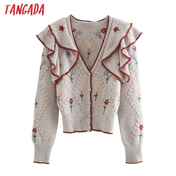 Mulheres Flores Ruffles Cardigan Cardigan Camisola Jumper Vintage Manga Longa Button-Up Female Outerwear 3L04 210416