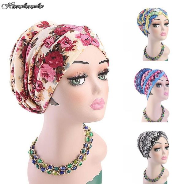 

beanie/skull caps african fashion turban boho printed elastic bandanas cap women muslim islamic head cover hijab headwrap hair loss hats ind, Blue;gray