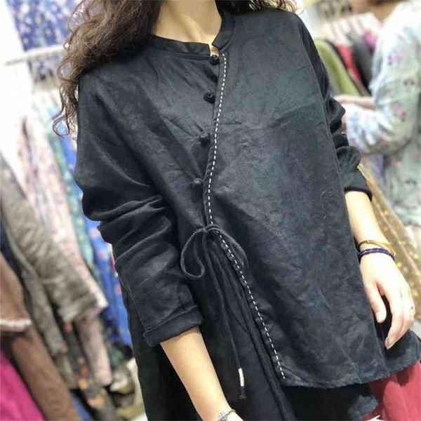 

spring autumn arts style women long sleeve loose shirt vintage button solid cotton linen blouses plus size blusa feminina s584 210512, White