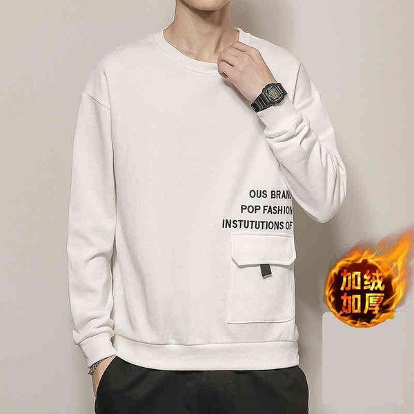 

men's long sved t-shirt 2021 new sweater men's et autumn winter plush bottomed shirt fashion, Black
