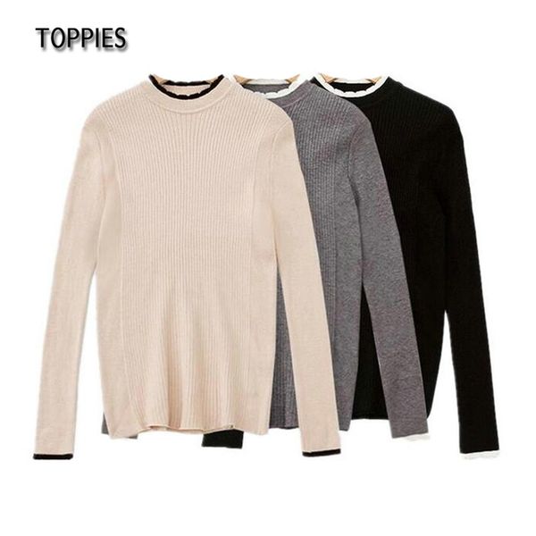 

autumn women slim knitted pullovers o-neck contrast color basic knitting sweaters khaki black gray colors 210421, White;black