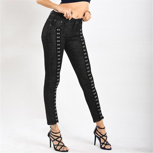 

women's jeans european and american black slim elastic hip rivet-breasted split pants fashion show body temperament, Blue