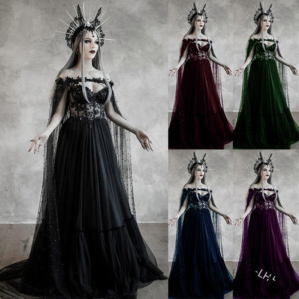 

medieval renaissance gothic witch lace fairy dress vampire vintage bla maxi vestido halloween cosplay costume for women 2021, Red