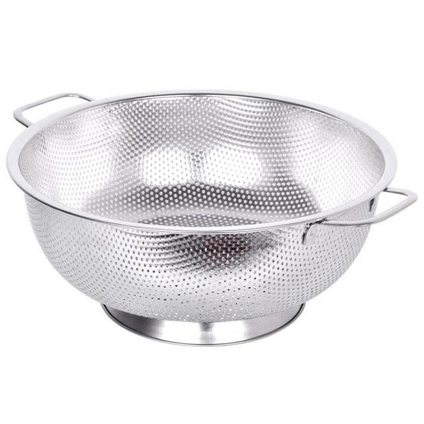

stainless steel colander micro-perforated 5-quart strainer with heavy duty handles and stable ring base kitchen storage & organization