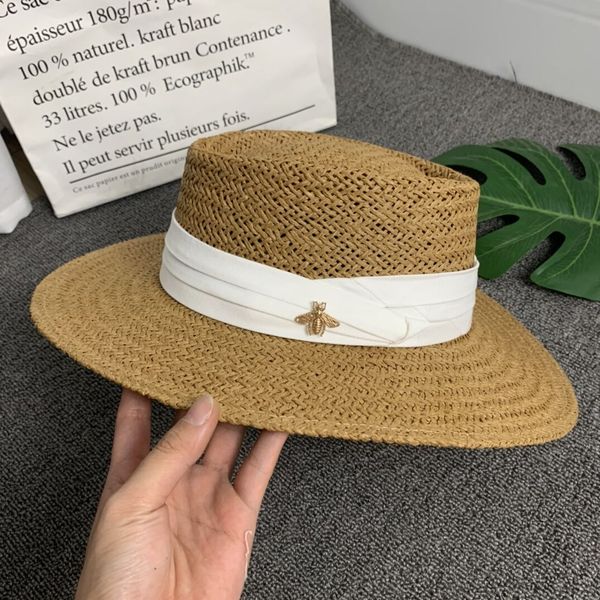 24ss moda-tecido chapéu de sol de aba larga verão feminino abelha boné largo pai-filho viseira plana chapéus de palha 548