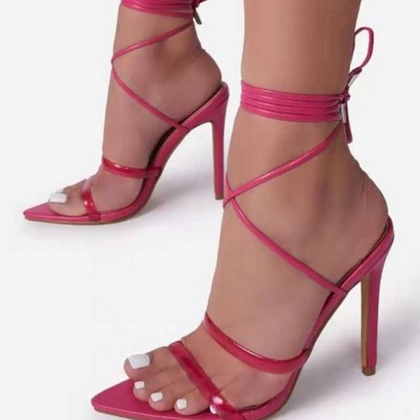 

sandals stiletto heel transparent women dress shoes lace up summer open toe thin high size 42, Black