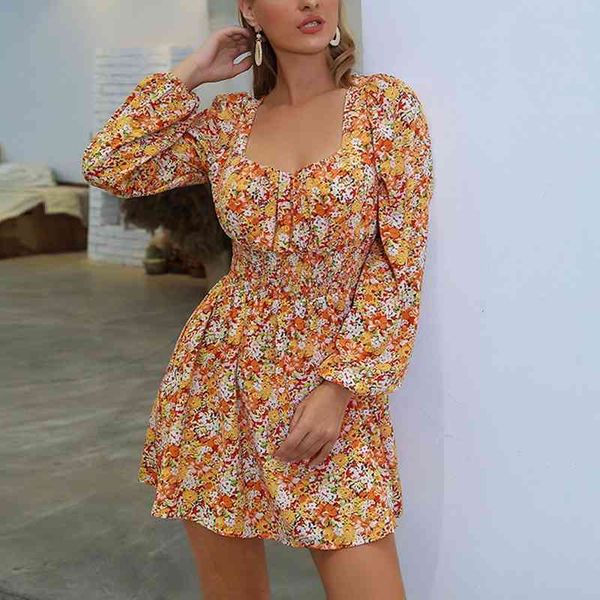 

casual dresses floral print for women long sleevees square collar low cut a line high waist es elegant female clothes jcgn, Black;gray